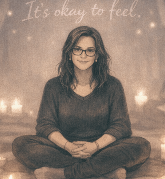Sketch of woman sitting crossed legged surrounded by candles. The words 'It's okay to feel' are written above her.